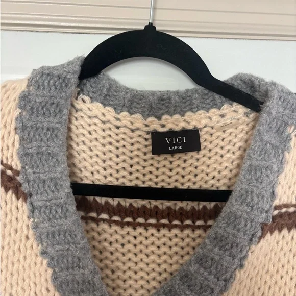 VICI Cream Striped Chunky Cardigan with Gray Trim - Picture 2 of 2